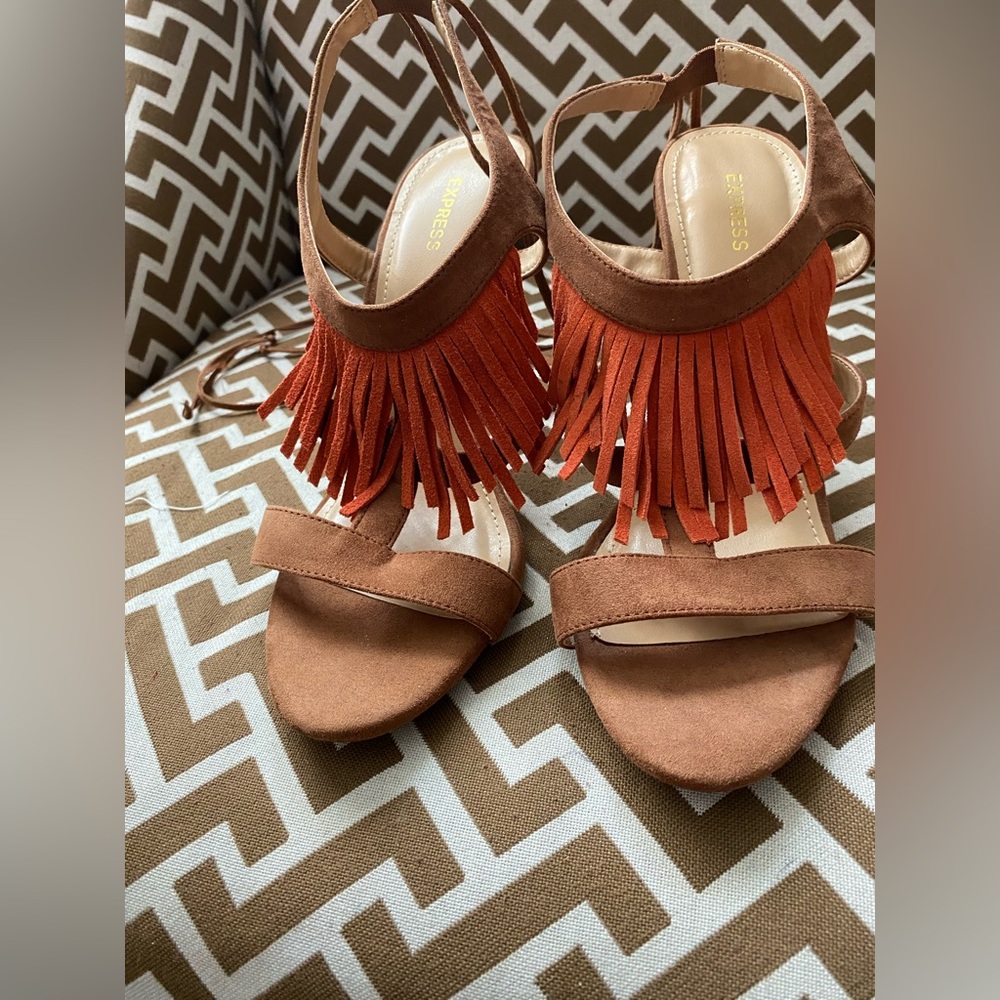 Express Fringe Lace Up Heels Size 9